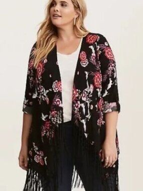 Torrid Floral Print Crepe Fringe Kimono Shawl 2X